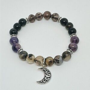 Handmade Mystical Amethyst Beaded Bracelet with Enchanted Antique Moon Charm 8mm